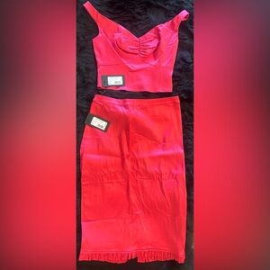 NWT Marciano Barbie Pink silk crop top and pencil skirt